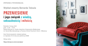 Affiche en polonais, image d'un divan rouge et fauteuil bleu d'analystes. Des photos de Lacan, Freud et quelques autres au mûr.