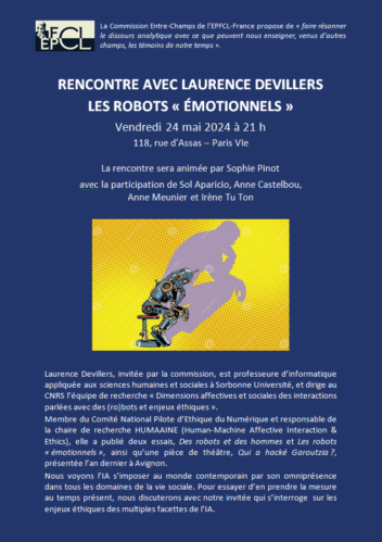 Affiche de l'événement, fond bleu et image jaune, silhouette du penseur de Rodin avec en premier plan la silhouette d'un robot dans la même position. Le texte reprend celui de la page dans laquelle se trouve cette affiche.